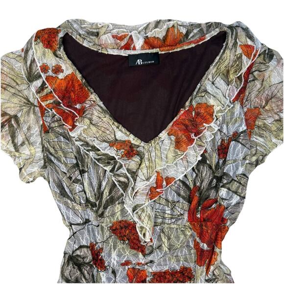 AB Studio Y2K Ruched Floral Mesh Top Fairy Grunge Ruffle Romantic Stretch XL - Picture 3 of 15